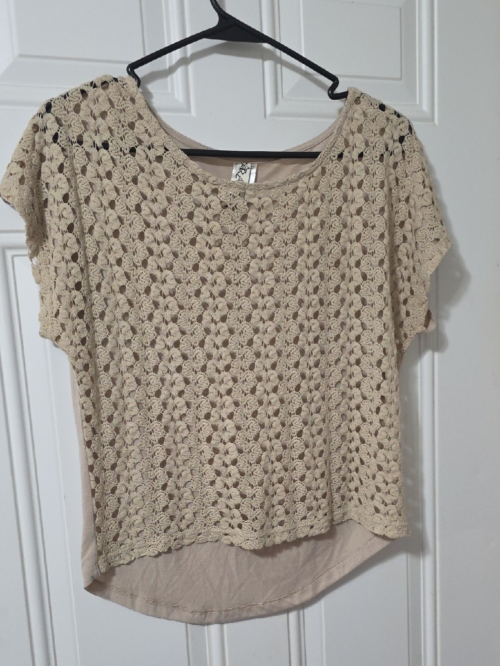 Ransim Beige Crochet Overlay Short Sleeve Top - Women